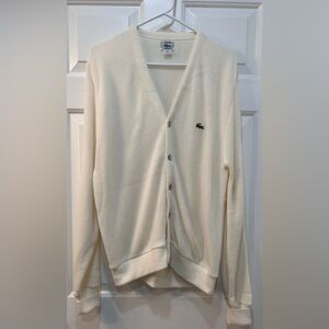 VTG Izod Lacoste Cardigan Men M Ivory Knit Orlon Acrylic Sweater USA Grandpa 90s